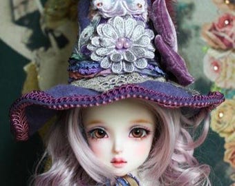 Lavender Flowers With Crystals And Velvet Bow Felt Witch Hat For SD Sized Ball Jointed Dolls