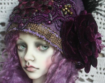 Purple "Bohemian Dream" Felt Flapper Style Cloche Hat With Large Velvet Rose For SD Ball Jointed Dolls & Blythe