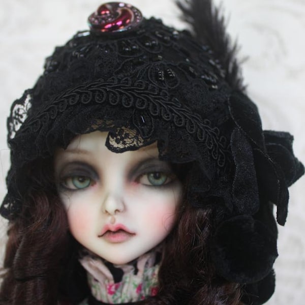 On HOLD For Laurie Pretty Plum "Lulu" Flapper Style Cloche With Black Velvet Flower and Grapes For Ball Jointed Dolls & Blythes ON HOLD