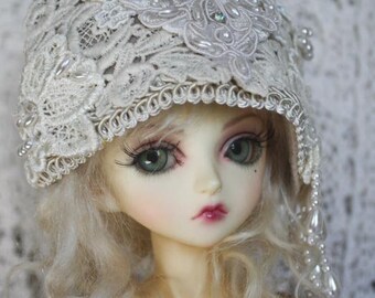 Ornately Decorated Ivory and Taupe Beaded With Crystals Felt Flapper Style Cloche For Ball Jointed Dolls and Blythe