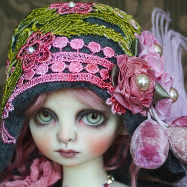 Adorable Grey "Evelyn" Felt Flapper Hat with Hand Dyed Lace For Ball Jointed Dolls