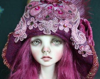 Boysenberry Felt With Hand Dyed Floral Lace Applique Flapper Style Hat For SD Sized Ball Jointed Dolls