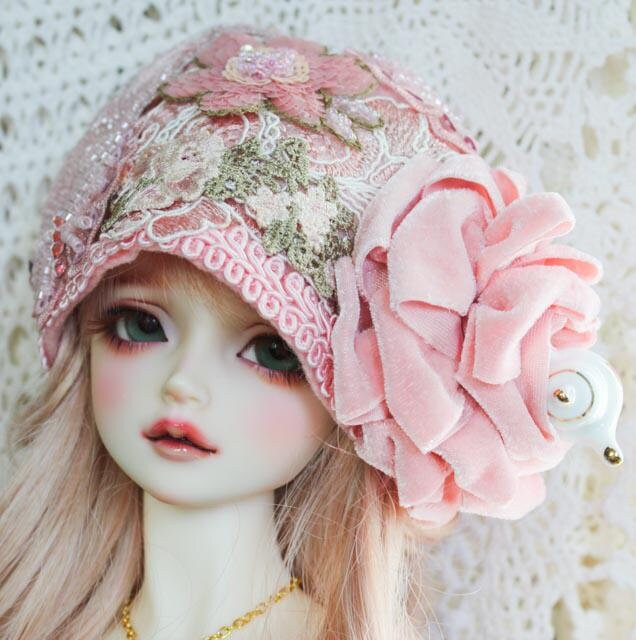 Pink Floral "Garden Tea Party" With Beaded Hummingbird, Butterflies & Teapot Felt Cloche Hat For SD Sized Ball Jointed Dolls And Blythe