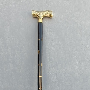 Engraved Brass T-Handle Walking Cane: Gothic Steampunk Gentleman&#39;s Gift