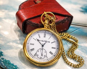 Vintage Style Brass Pocket Watch | Roman Numeral Chain, Leather Case