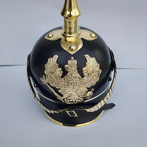 German Pickelhaube Helmet – Prussian Spiked Helmet Replica – Handmade Brass & Leather – Military Cosplay Collectible – WWI Prop Decor
