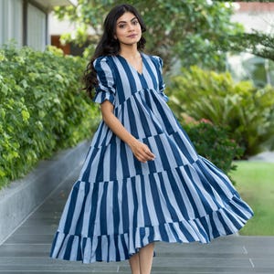 Pure cotton blue midi dress, blue summer dress, tent dress, casual dress, cotton dress, gift for her, striped dress, women dress