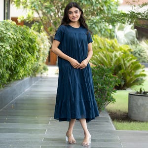 Pure cotton blue tiered dress, midi dress, women dresses, gift for her, soft  cotton dresses, summer dress, statement dress, navy blue dress