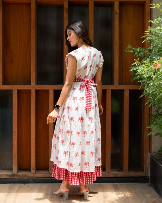 White Printed Cotton Dress: Ruffle Sleeve Gingham Picnic Dress Pure Cotton White Printed Cotton Dress, Picnic Dress, Casual Dress, Gingham  Dress, Gift for Her, Summer Dress, White Summer Dress, - Etsy