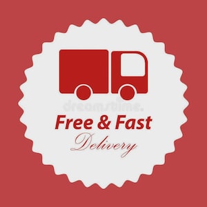 May include: A red delivery truck icon inside a white, scalloped-edge circle, set against a red background. The words "Free & Fast Delivery" are written in red script below the truck.