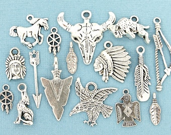 6 Native American Charms Antique Silver Tone SC2890