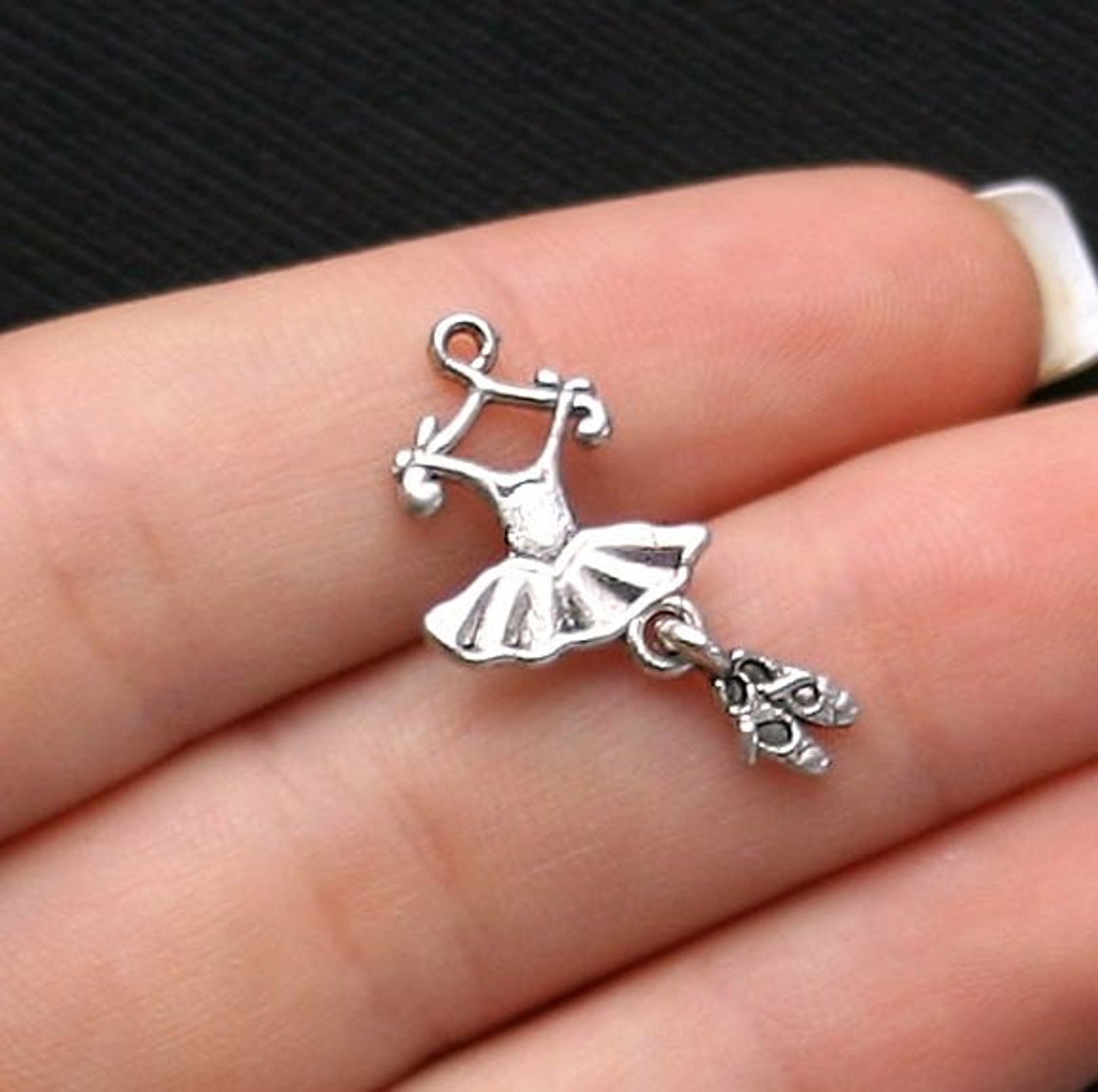 bulk 30 ballet charms antique silver tone 2 sided tutu with dangling toe shoes - sc1076