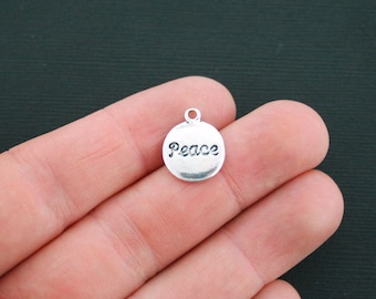 10 Peace Charms Antique Silver Tone 2 Sided Peace Circle Disk- SC1508