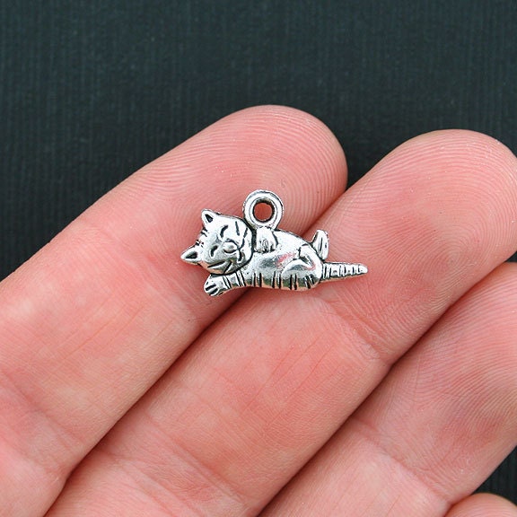 12 Cat Charms Antique Silver Tone Cute 2 Sided SC3589 Etsy