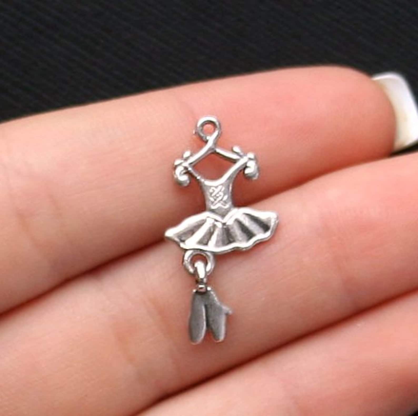 bulk 30 ballet charms antique silver tone 2 sided tutu with dangling toe shoes - sc1076
