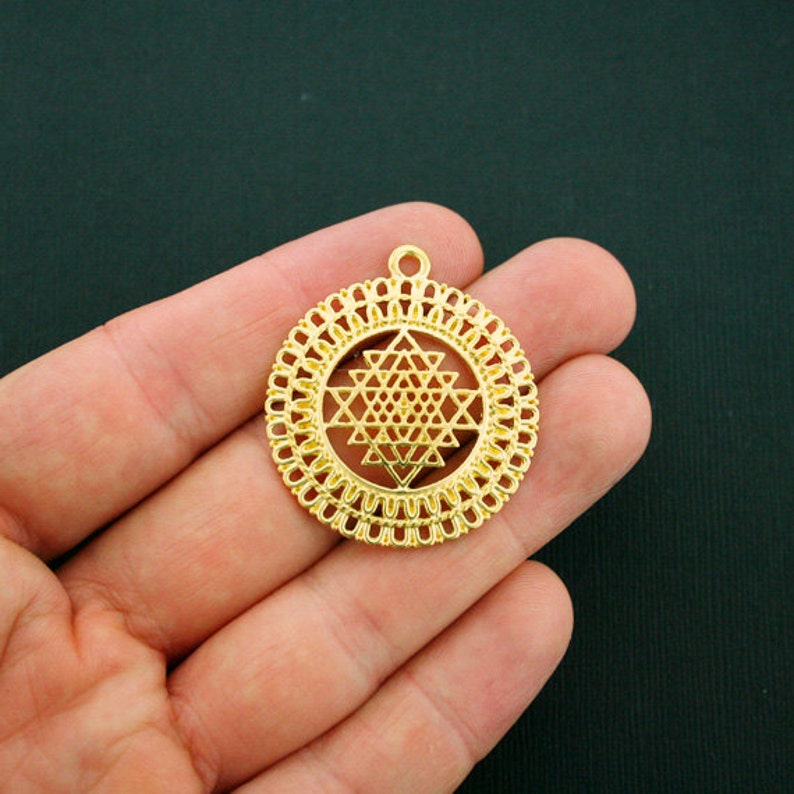 2 Sri Yantra Meditation Pendant Charms Antique Gold Tone Image 0