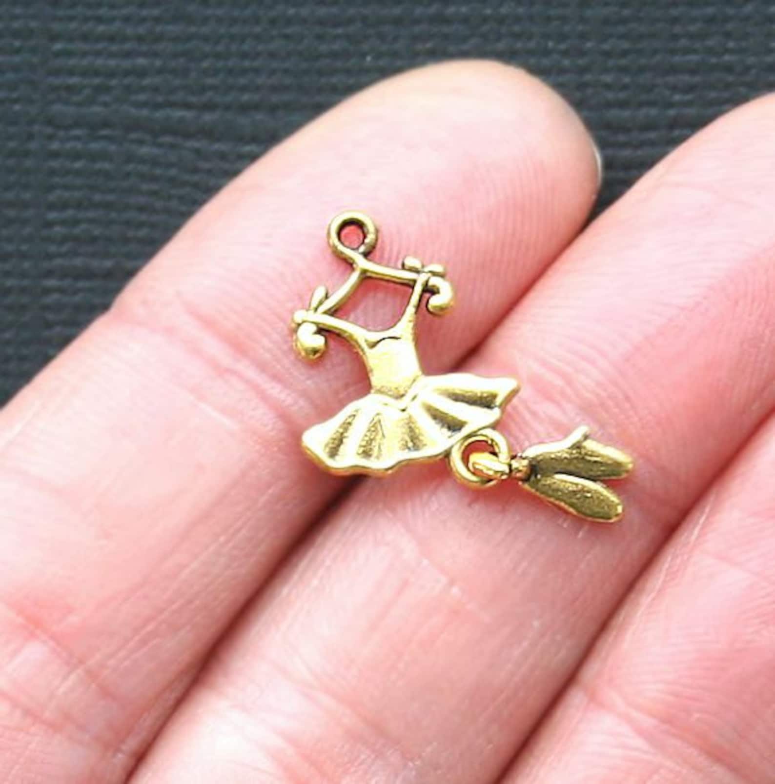 8 ballet charms antique gold tone 2 sided tutu with dangling toe shoes - gc231