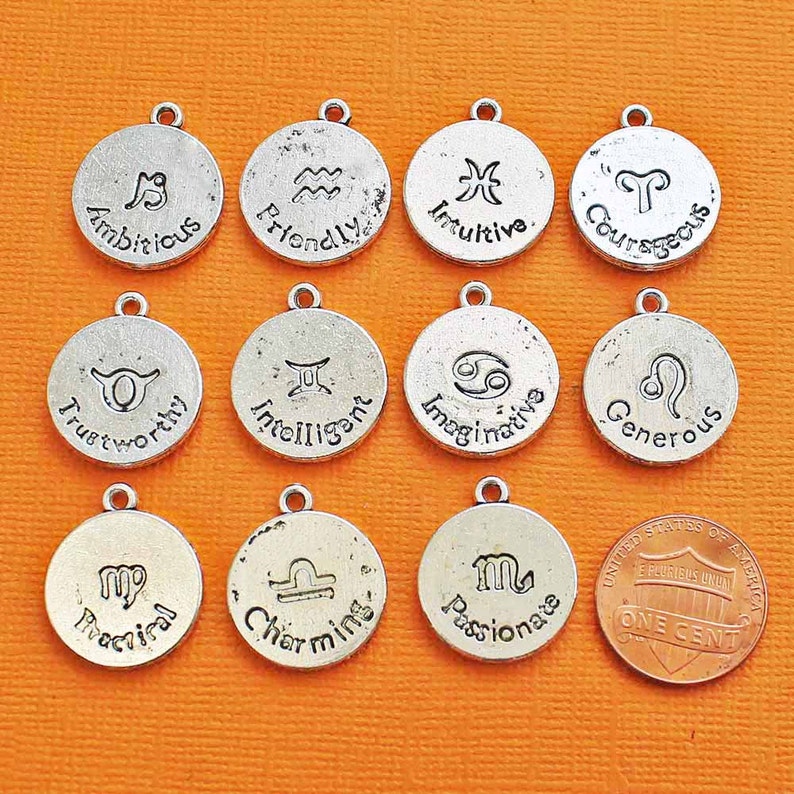 BC1274 Zodiac Charms Antique Bronze Tone Set of 12 Double Sided Bronze Tone