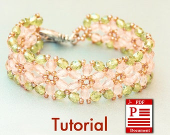 Tutorial. Flowers of Spring DIY Beading bracelet PDF pattern. Beadweaving with Czech fire polished beads.