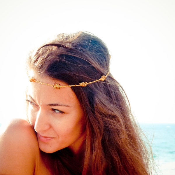 Boho Chic Mustard gold brown beaded crochet headband strand. Versatile necklace / bracelet / anklet / hair band.