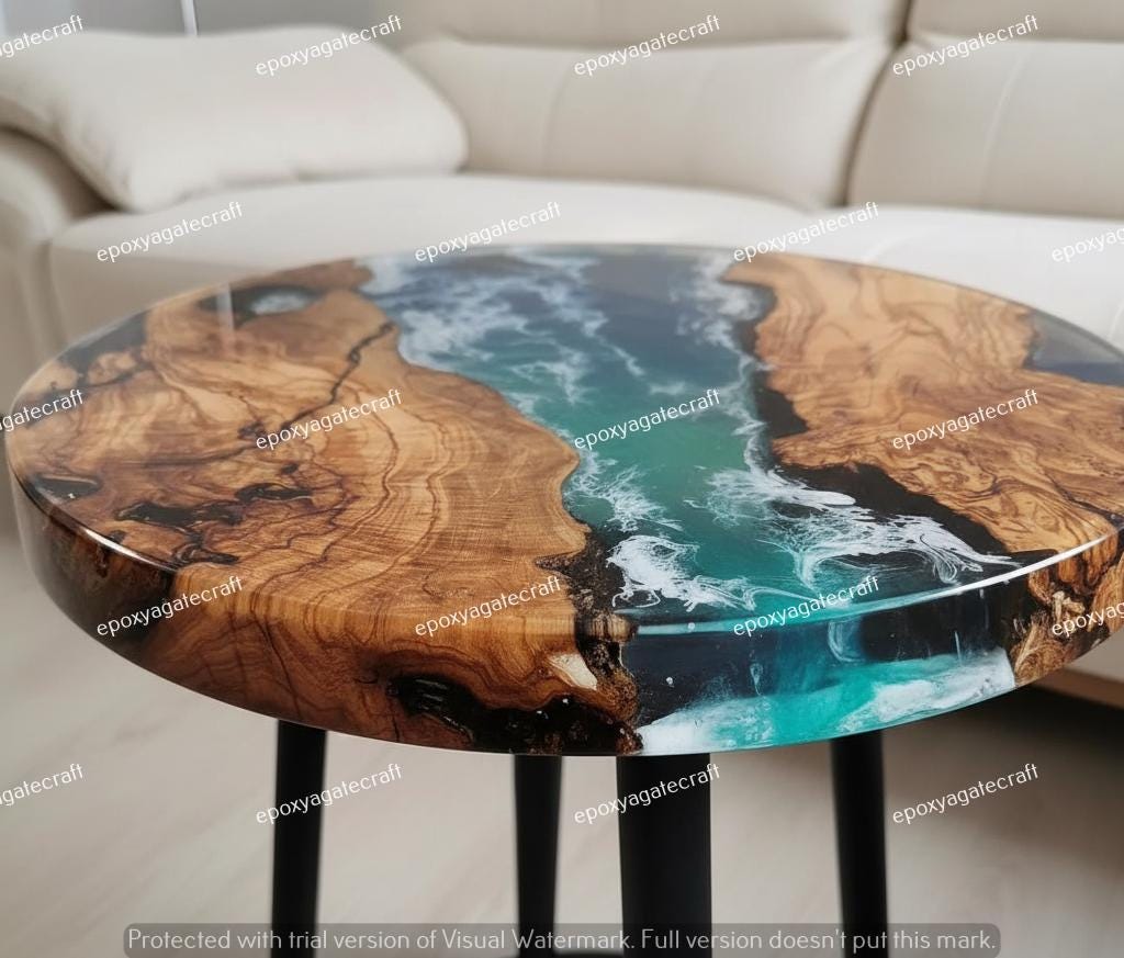 【ハンドメイド】レジンのコーヒーテーブル ハンドメイドオーシャンレジンコーヒーテーブル：ブルーエポキシリバー