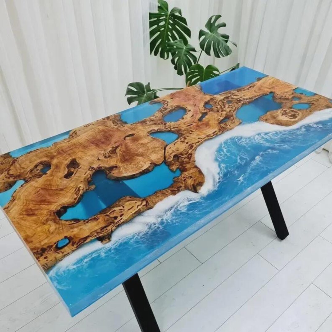 Handmade Ocean Wave Epoxy Table: Live Edge Wood, Coastal Resin - Etsy