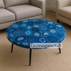 Blue Agate Coffee Table | Natural Crystal Stone Table | Gemstone Accent Table | Boho Luxury Furniture | Handmade Agate Decor