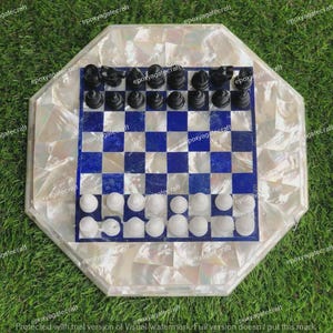 Handmade White & Blue Marble Chess Set: Elegant Stone Board