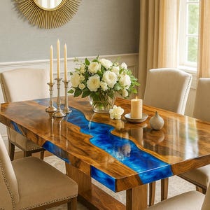 Handmade Walnut & Blue Epoxy River Dining Table | Live Edge Furniture