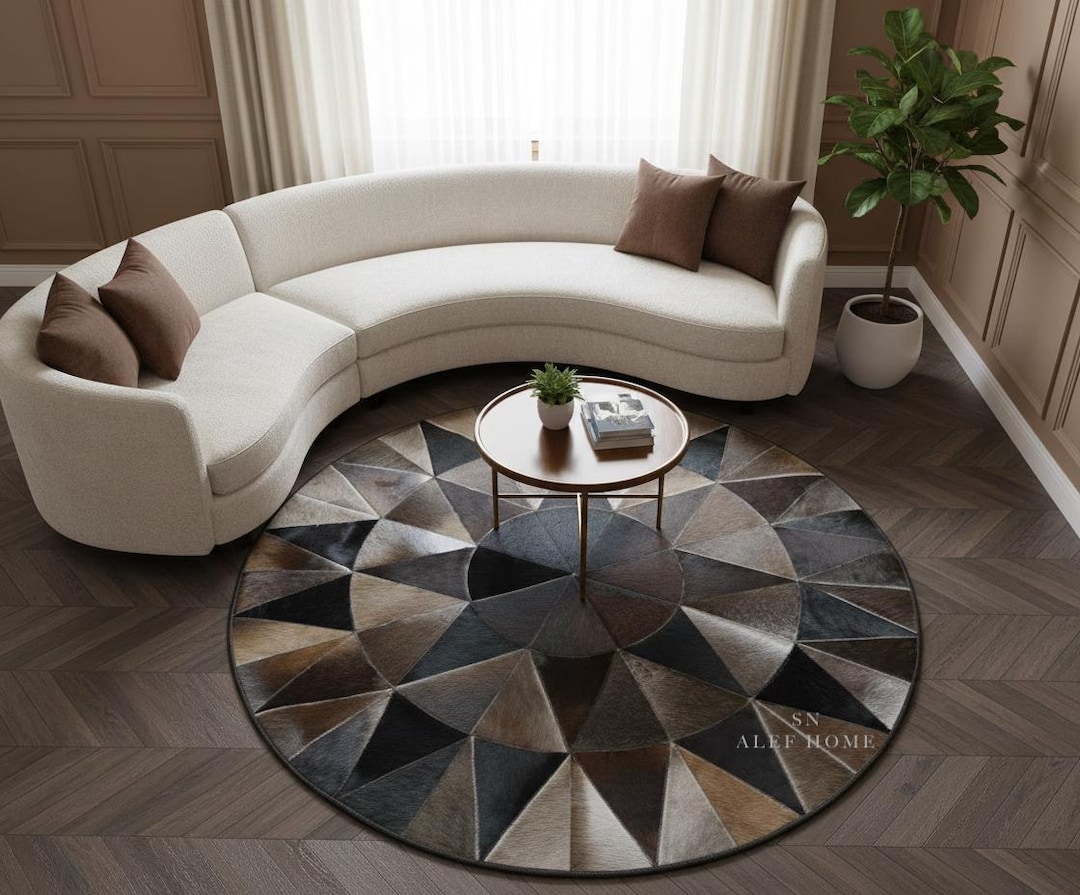 Round Hide Rugs Brown Cowhide Round Rug – Starburst Cow Skin Hairon Leather Patchwork ...