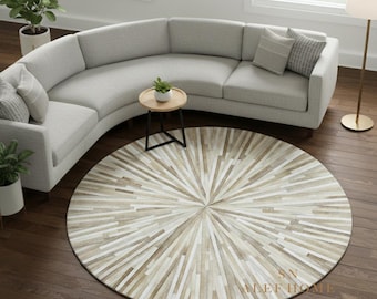 Beige Cowhide Round Rug – Cow Skin Hairon Leather Patchwork Carpets For Living Room Decor