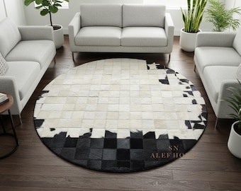 Black & White Cowhide Round Rug – Handmade Cow Skin Leather Patchwork Carpet for Living Room