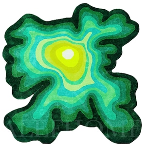 May include: A vibrant, abstract rug with a layered design resembling a topographical map. The rug features concentric rings of varying shades of green, turquoise, and yellow, creating a visually striking and organic pattern. The rug is a unique home decor item.