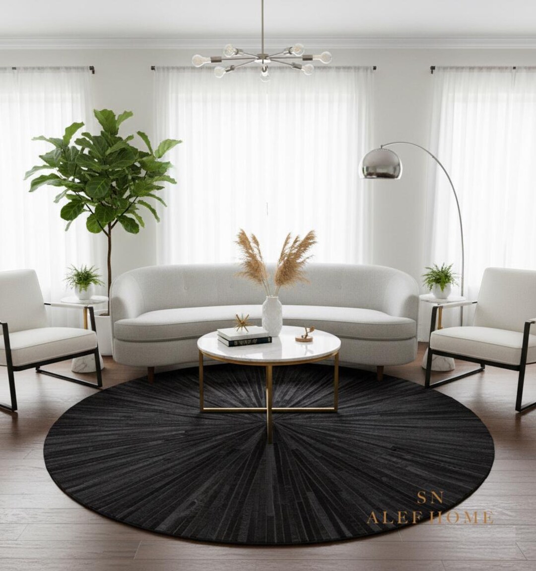 Round Hide Rugs Black Cowhide Round Rug – Starburst Cow Skin Leather Patchwork Carpet ...