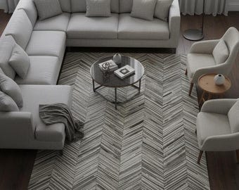 Grey Cowhide Chevron Rug – Handmade Cow Skin Leather Patchwork Carpet for Living Room