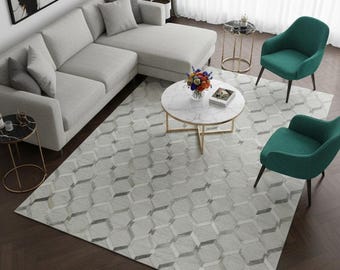 Grey Cowhide Area Rug – Geometric Wool And Patchwork Hair-On Leather Carpet For Living Room
