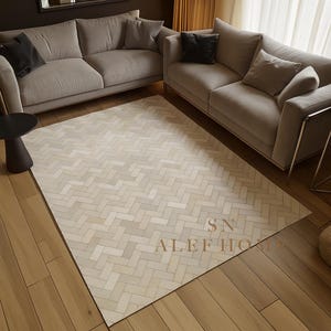 Ivory Cowhide Rug – Handmade Leather Carpets | Hair-On Cowhide Area Rug, Modern Patchwork Rug for Minimalist Scandinavian Living Room