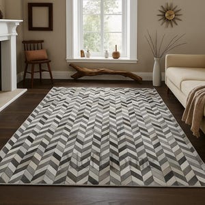 Chevron Cowhide Area Rug – Leather Carpets Hair-On Cowhide Rug | Handmade Geometric Patchwork Rug 8x10 for Modern Living Room Decor