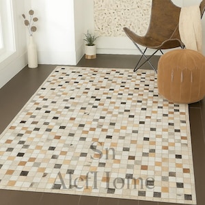 Multicolor Cowhide Rug – Handmade Hair-On Leather Carpets | Modern Cowhide Patchwork Rug or Living Room & Patchwork Rug Decor