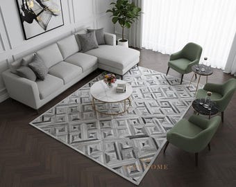 Grey Cowhide Area Rug – Luxury Geometric Hair-On Leather Patchwork Carpet For Living Room