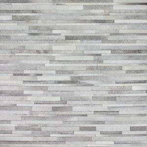 Tappeto in pelle di mucca grigia – Motivo a righe, patchwork in pelle con pelo per soggiorno