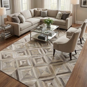 Alfombra de patchwork de piel de vaca: hecha a mano con pelo para una decoración moderna.