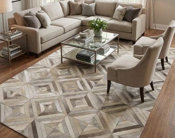 Grey Cowhide Area Rug – Geometric Cow Skin Leather Patchwork Carpets For Living Room Decor