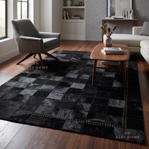 Black Cowhide Checkered Rug – Cow Skin Hair-On Leather Patchwork Carpet for Living Room