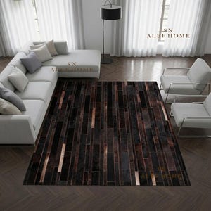Brown Cowhide Striped Rug –  Cow Skin Hair-On Leather Patchwork Carpet for Living Room Decor
