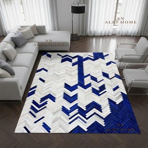 Blue Cowhide Chevron Rug  – Handmade Cow Skin Leather Patchwork Carpets For Living Room