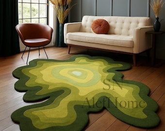 Abstract Green Wool Area Rug – Handmade Irregular Shaped Modern Carpet for Stylish Home Décor