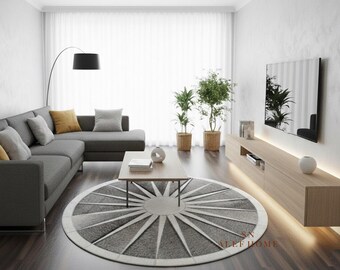 Grey Cowhide Round Rug – Sunburst Cow Skin Leather Patchwork Carpet for Living Room