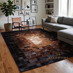 Brown Cowhide Area Rug – Handmade Cow Skin Hairon Leather Patchwork Carpet For Living Room