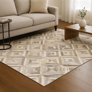 Grey Cowhide Patchwork Rug – Handmade Hair-On Leather Carpet for Living Room or Bedroom Decor